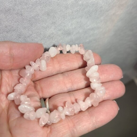 Rose Quartz Chip Bracelet | Natural Pink Crystal Stretch Boho Healing Jewelry - Picture 4 of 9
